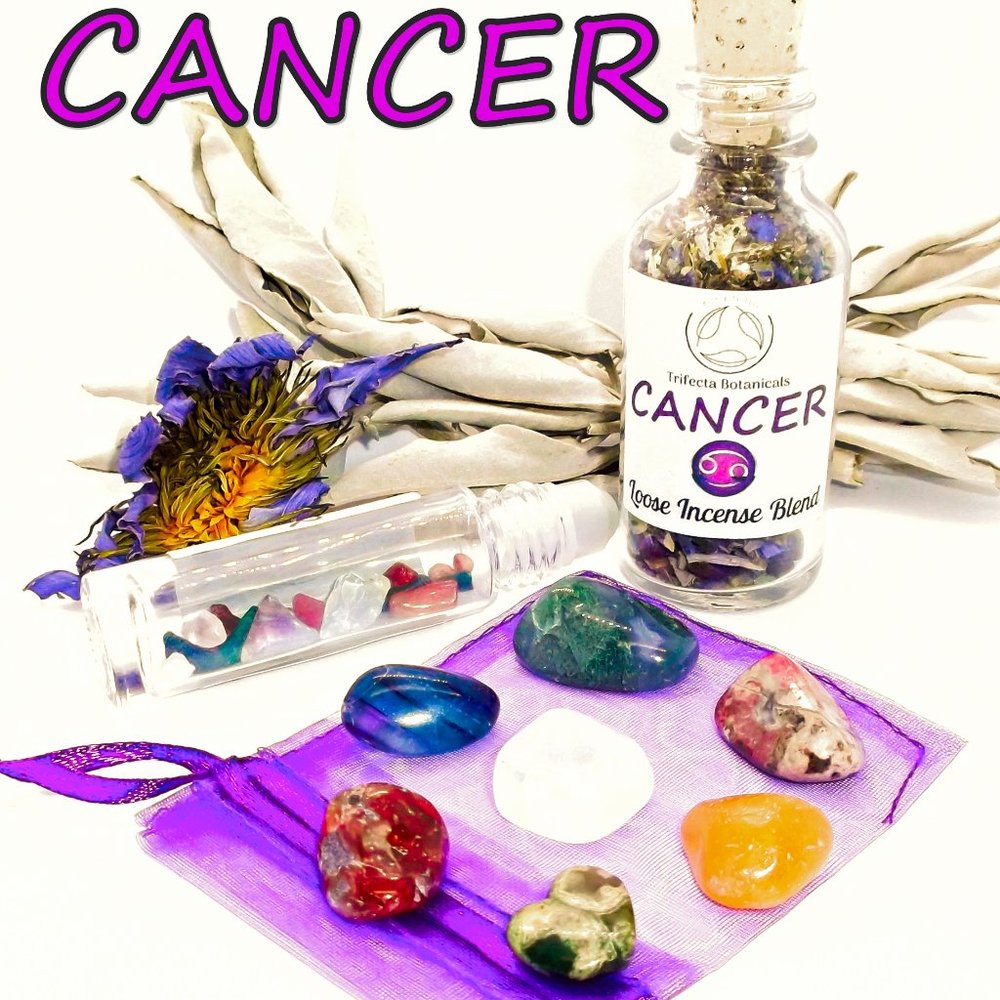 ♋ CANCER Zodiac Gift Set ♋ Roller Bottle + Pocket Crystals + Loose Incense Blend